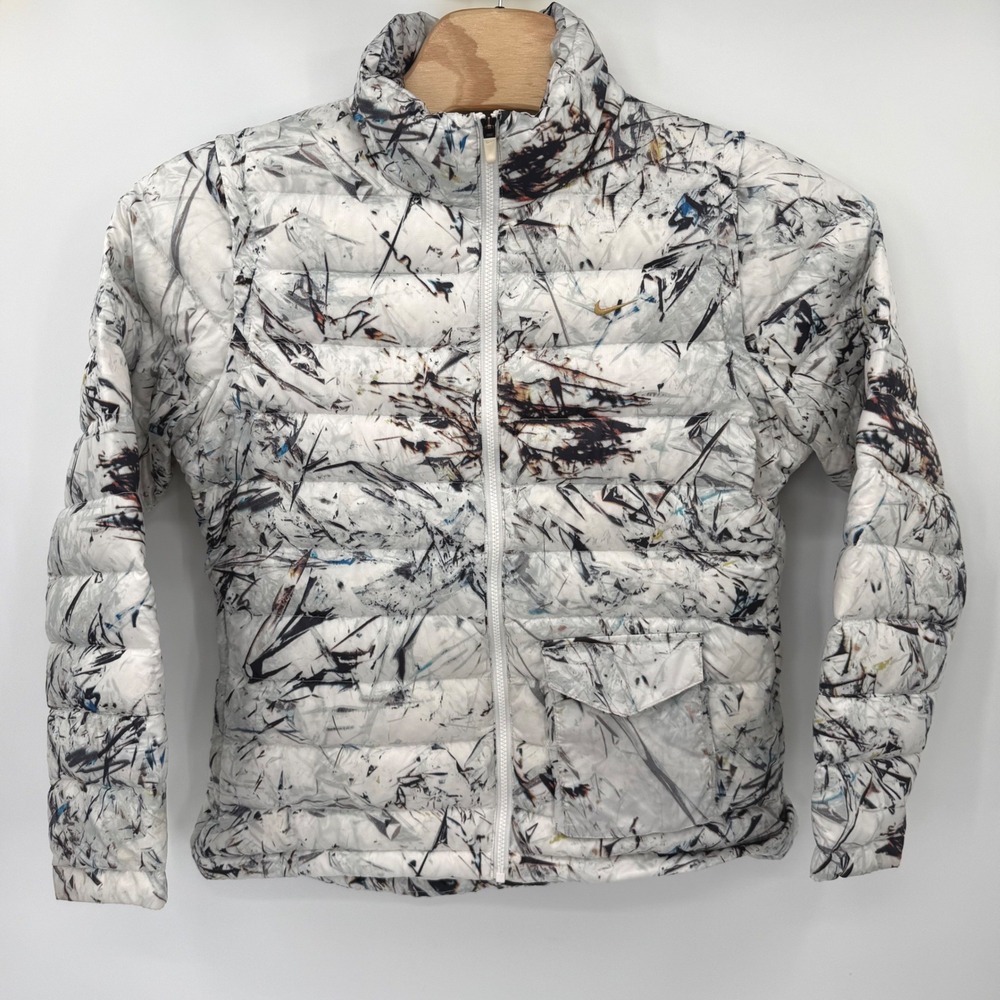 Nike Puffer Jacket Womens XL White Abstract Paint Splatter Down 438627-100 Zip